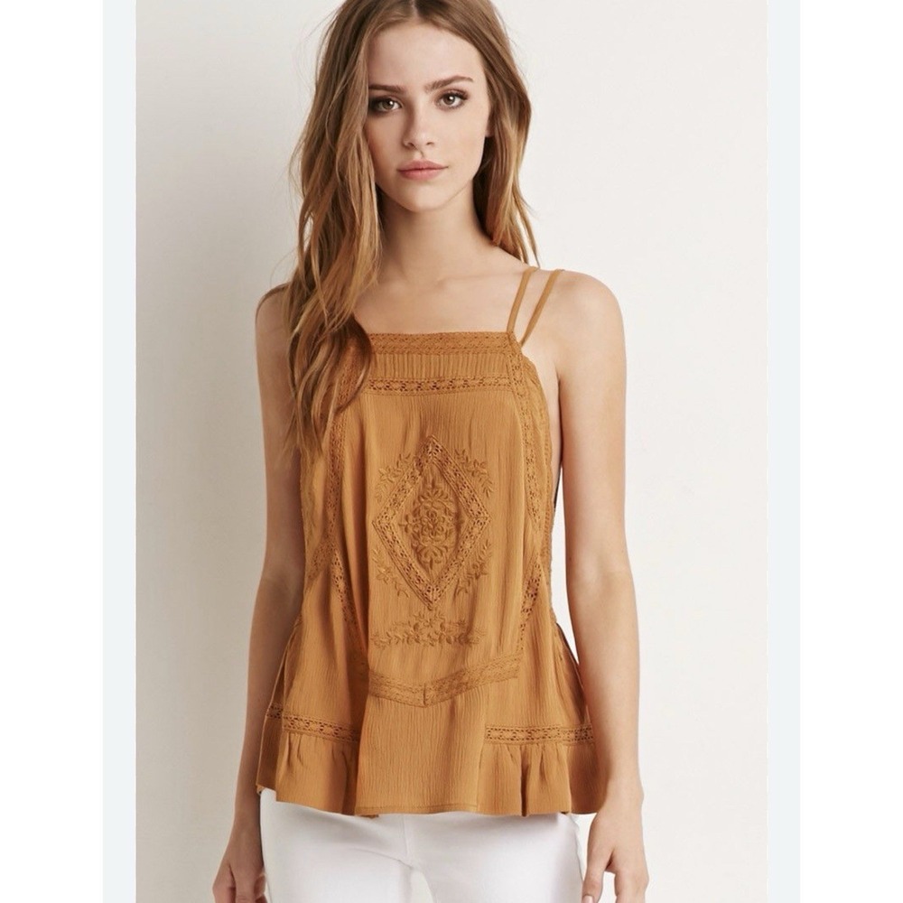 Forever 21 Boho Embroidered Crop Top Brown Fairy Cottagecore S